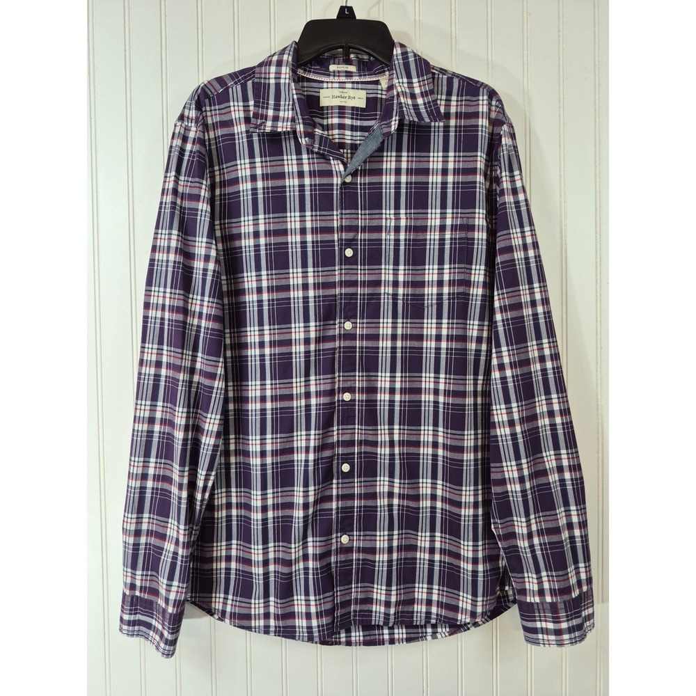 NWOT Hawker Rye Large Tall Plaid Button Down Shirt Purple White Stretch Cotton